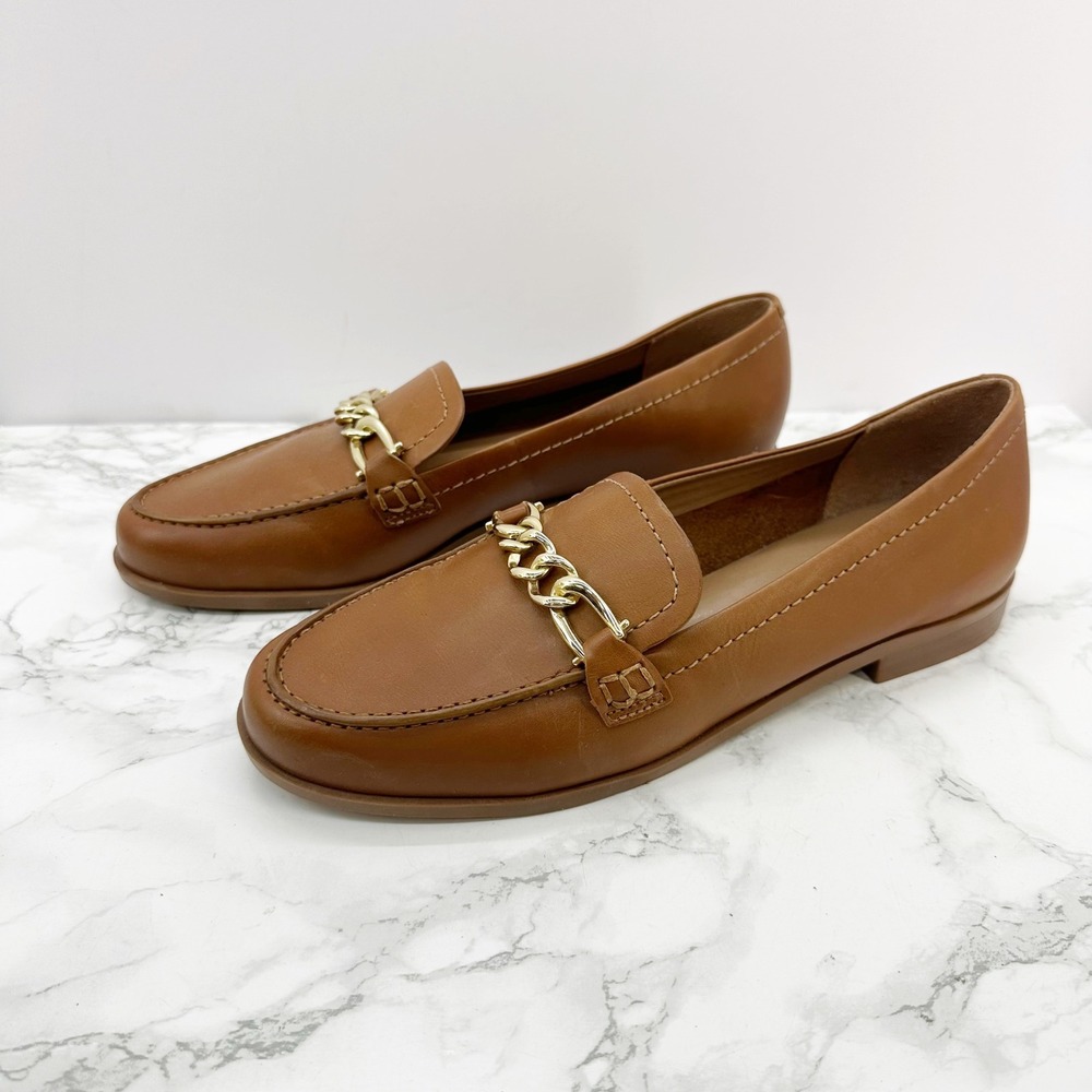 Naturalizer Leather Loafers Womens 7.5M‎ Tan Excellent Gold Chain Link Slip On